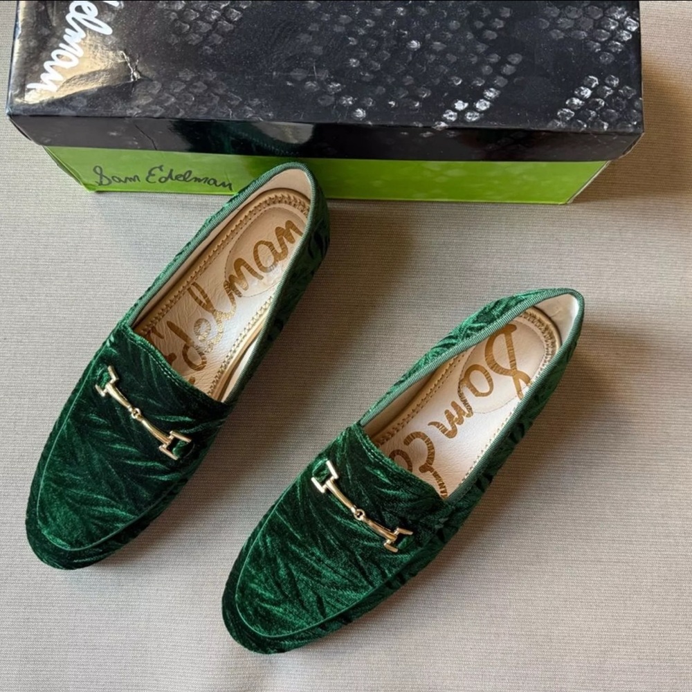 Sam Edelman Emerald Velvet Loafers with Gold Detail